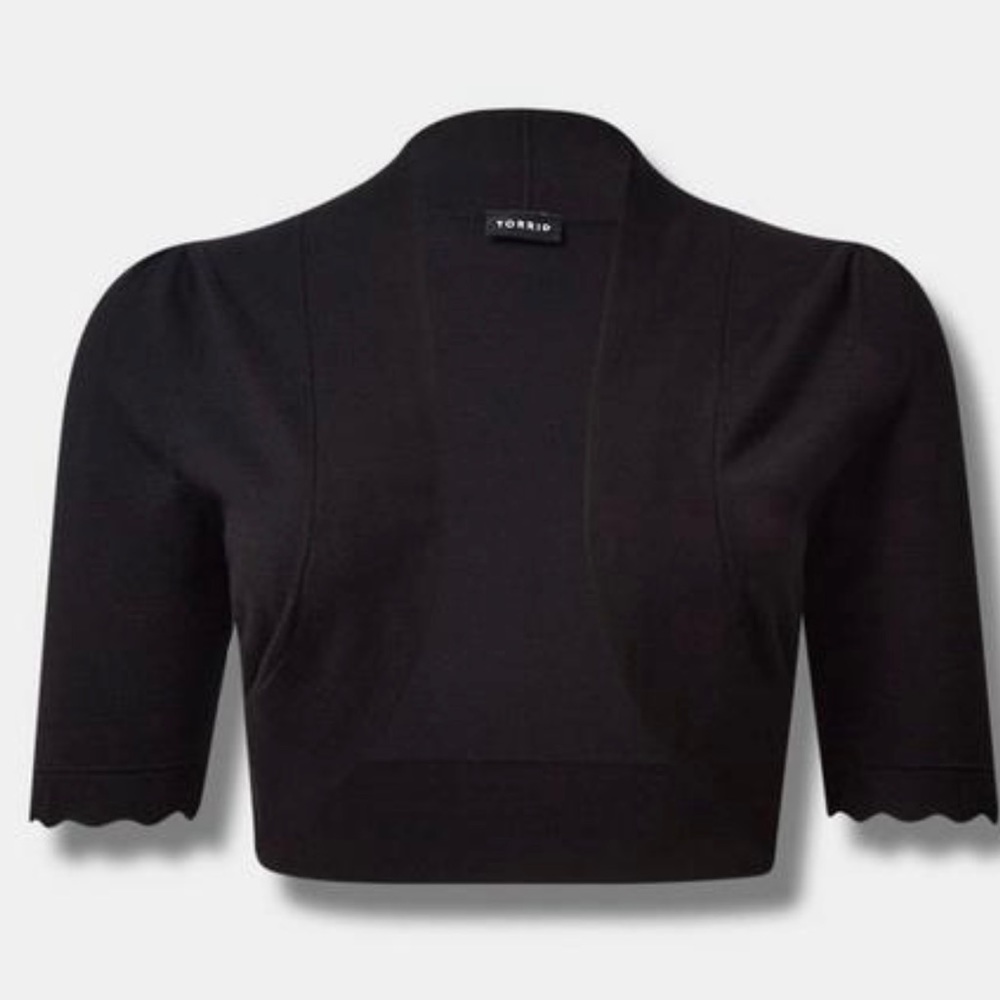 Shrug 3/4 sleeve scalloped trim fitted sweater